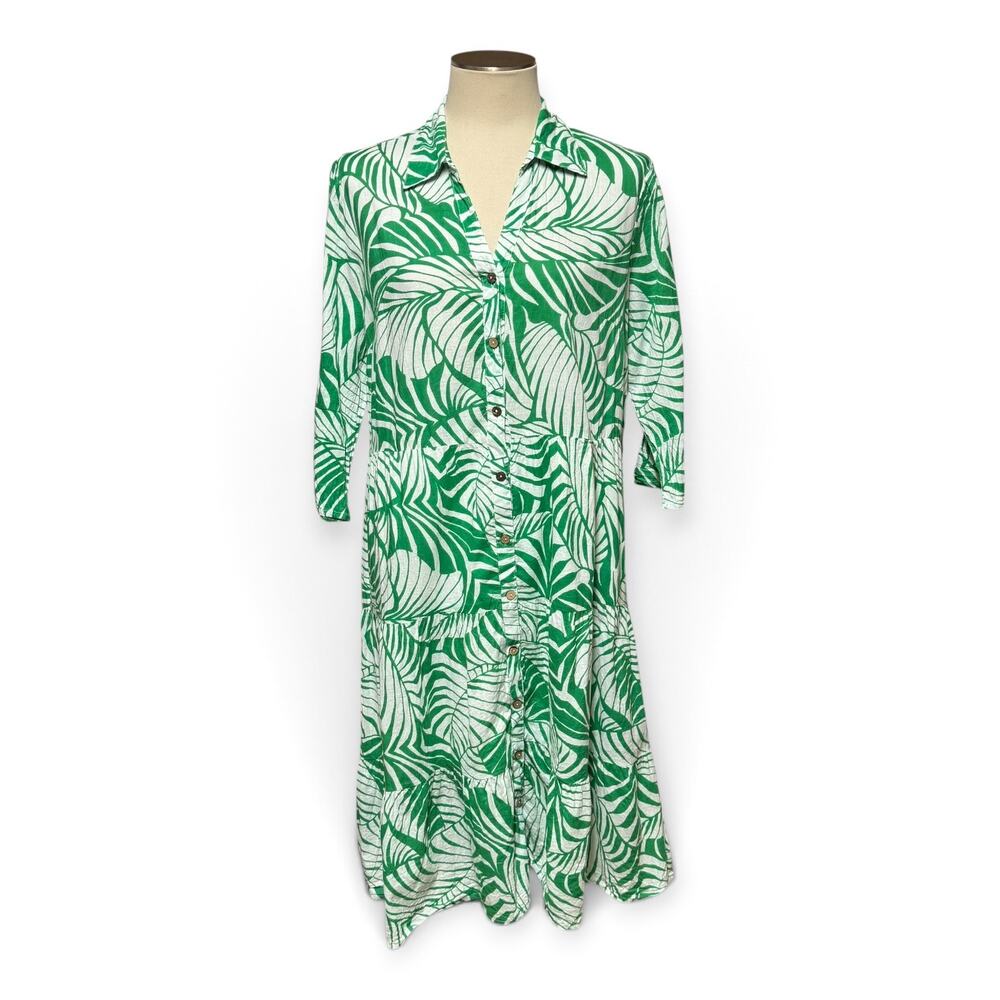 Mlle Gabrielle Cotton 3/4 Sleeve Button Up V-Neck Midi Dress Green White XL